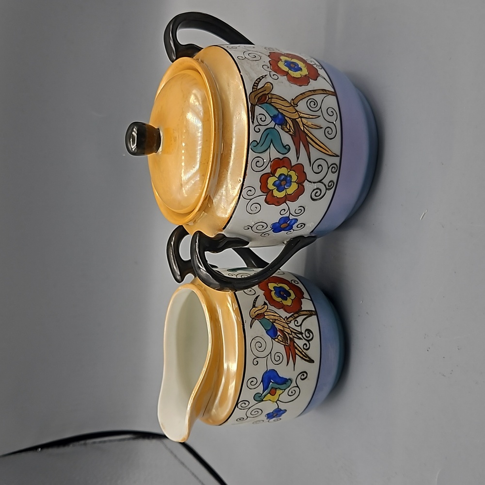 Chikaramachi Farmhouse Luster Ware Cream & Sugar Japan Holiday Birds Flowers